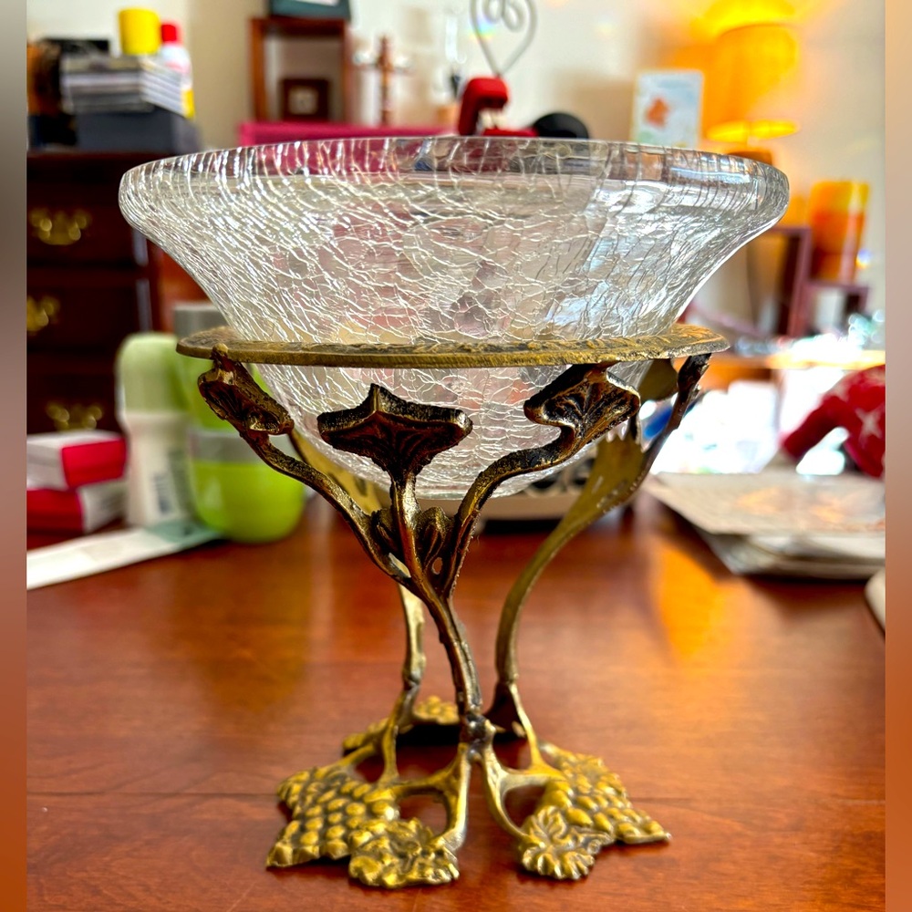 Vintage Brass stand with crackle glass dish. Grape leaf motif.